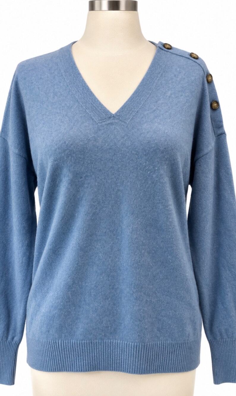 Garnet Hill 100% Cashmere 2-ply Sweater Women Blue V Neck Button Shoulder Soft M